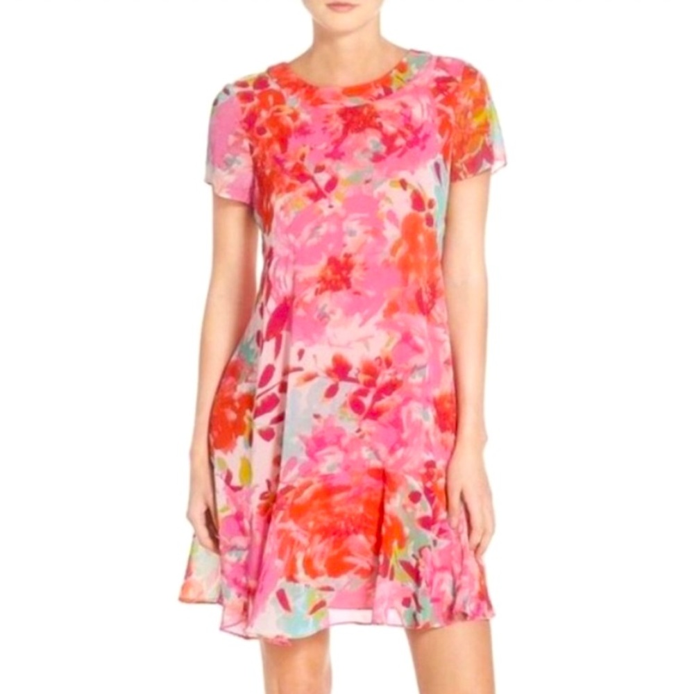 Eliza J Floral Flowy Chiffon Mini Dress Women's 14 Pink Career Feminine Wedding